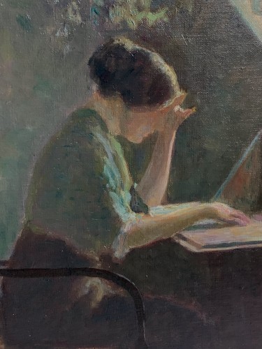 Lady Reading lit by an Attic - Pol Friis Nybo (1869-1929) - Paintings & Drawings Style Art nouveau