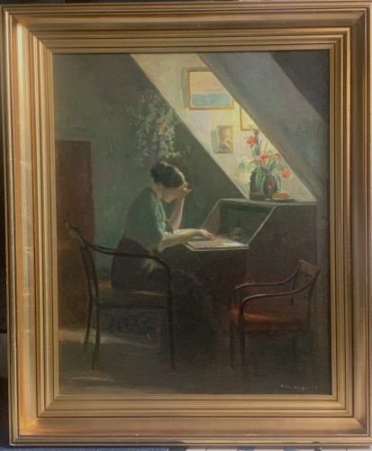 Paintings & Drawings  - Lady Reading lit by an Attic - Pol Friis Nybo (1869-1929)