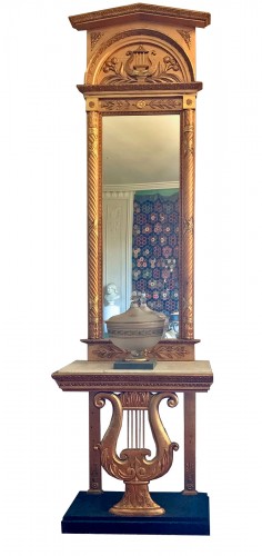 Consoltable and Mirror on Lyra, gilt wood, Sweden 1840 