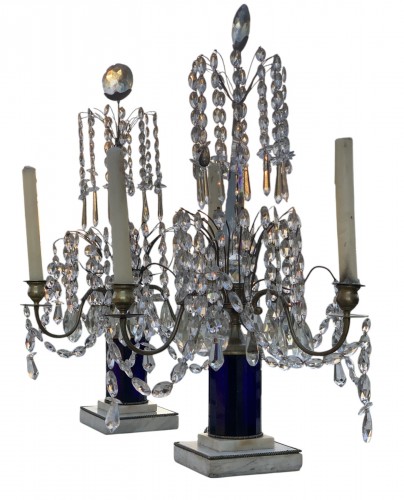 Pair Of Gustavian Girandoles With 3 Lights, Faceted Blue Crystal. , Sweden 