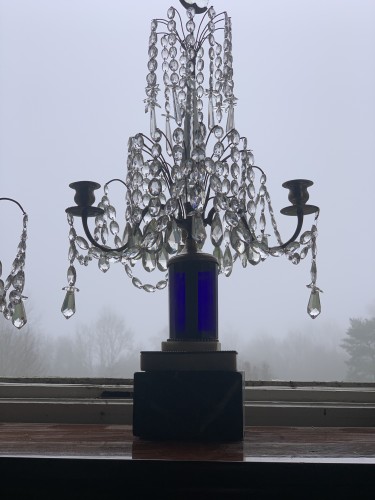 Empire - Pair Of Gustavian Girandoles With 3 Lights, Faceted Blue Crystal. , Sweden 