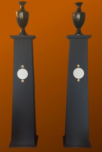 Porcelain & Faience  - Pair Of Neo-classical Black Vases On Red Background, Ceramic By Ph Lundgren