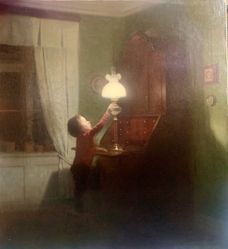 Paintings & Drawings  - Little Boy Adjusting the Lamp - Carl Vilhelm Meyer (1870-1938)