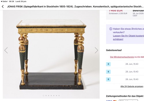 XIXe siècle - Console Gustavienne ,Attr. Jonas Frisk, Bois Doré et Patine Bleue, dessus marbre bla