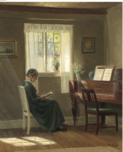 Paisible lecture dans un intérieur au piano -Alfred Broge (1870-1955)