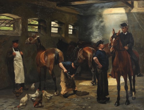 Blacksmith at Manor’s Stable oil/linen Sign. G. V. Blom, Danish school 