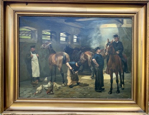 Blacksmith at Manor’s Stable oil/linen Sign. G. V. Blom, Danish school  - Paintings & Drawings Style Napoléon III