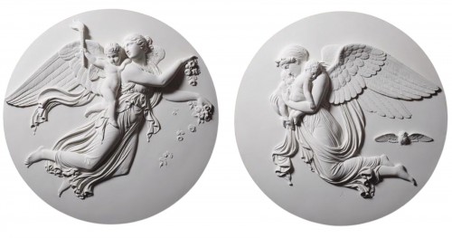 « Le Jour et La Nuit » Paire de grands médaillons en plâtre d’après Thorvaldsen