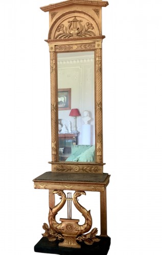 Console lyre et Miroir, dessus Porphyre imité et bois doré, Suède , circa 1830