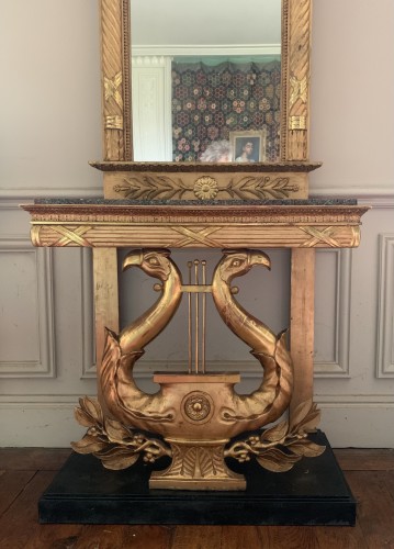 Console lyre et miroir, dessus porphyre imité et bois doré, Suède circa 1830 - Mobilier Style 