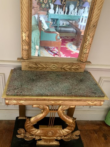Mobilier Console - Console lyre et miroir, dessus porphyre imité et bois doré, Suède circa 1830