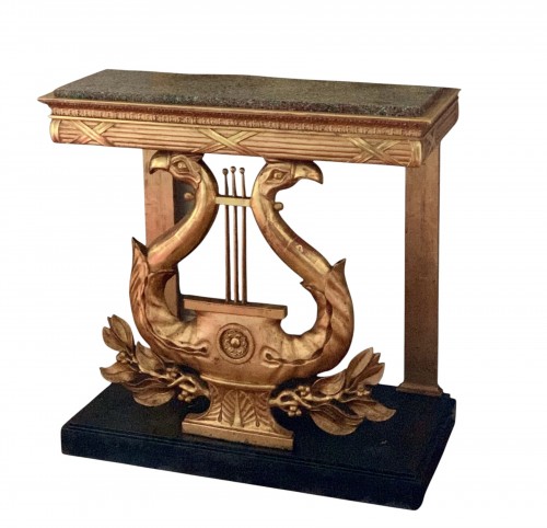 Lyre Console in Gilt Wood, Imitation Porphyry Top, Sweden Circa 1830