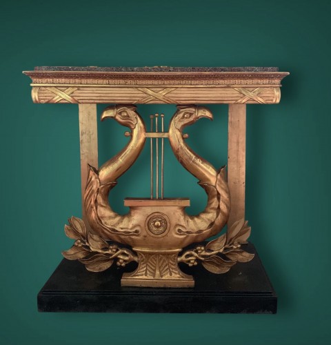 Furniture  - Lyre Console in Gilt Wood, Imitation Porphyry Top, Sweden Circa 1830