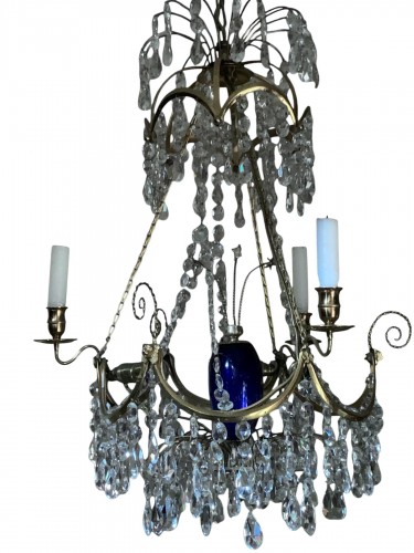 Lustre cristal et bronze, vase bleu style Gustavien, fin XIXe