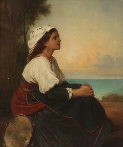 “Italian Reverie” Young Girl in aLandscape Signed Carl Wah
