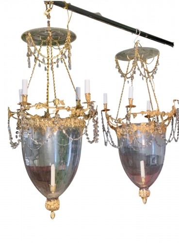 Paire de lanternes aux Pampres, bronze doré et cristal
