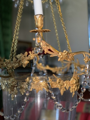 20th century - Pair of Lanterns with Vine Leaves, Bronze and Crystal