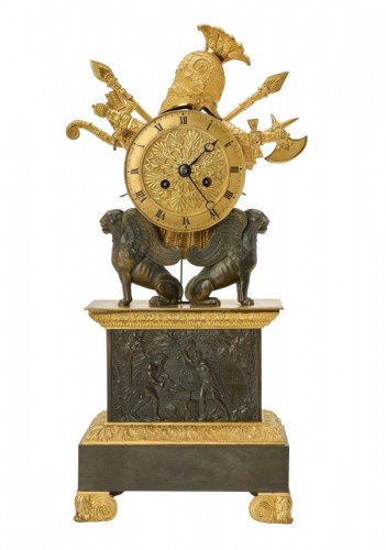 Gilt and Patinated Bronze  Clock With Helmet and Trophies, Empire Period