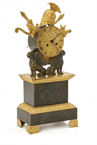 Horology  - Gilt and Patinated Bronze  Clock With Helmet and Trophies, Empire Period