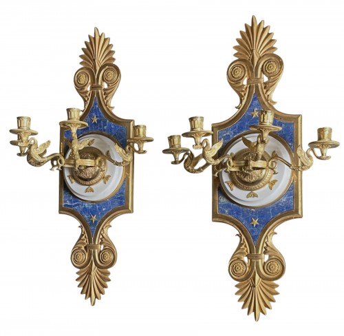 Pair of Wall Sconces on Lapis-lazuli and Gilt Bronze Bases, Baltic Empire 