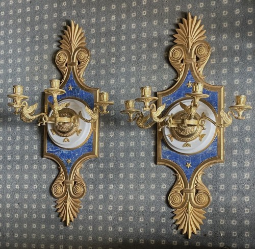 Lighting  - Pair of Wall Sconces on Lapis-lazuli and Gilt Bronze Bases, Baltic Empire 