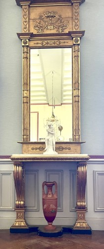 Consaltable  and  Mirror in gilt wood White Marble Top, Gustavian Style, - Furniture Style Restauration - Charles X
