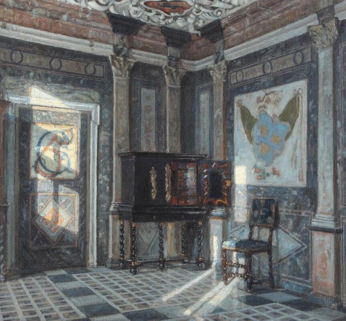Vue de la salle de marbre du Palais de Rosenborg signée Ch.F. Beck , 1916
