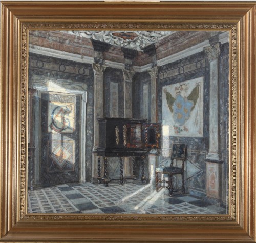 Vue de la salle de marbre du Palais de Rosenborg signée Ch.F. Beck , 1916 - Tableaux et dessins Style Art nouveau