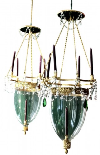 A pair of Russian Neo-classic style Lanterns with green crystal 