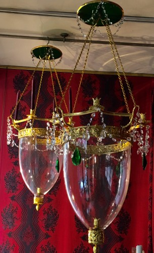 Lighting  - A pair of Russian Neo-classic style Lanterns with green crystal 