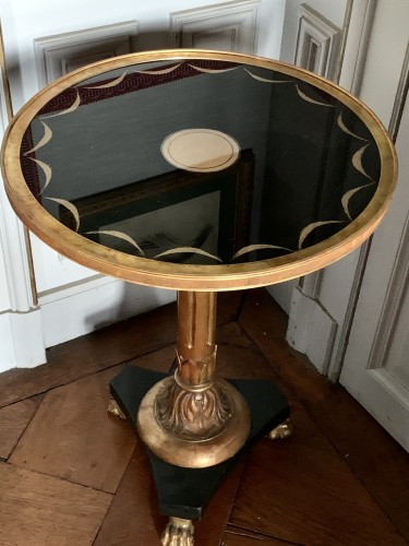 Guéridon Table gilt wood and under-glass painted top , Swedish Empire - Furniture Style Restauration - Charles X