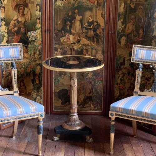 19th century - Guéridon Table gilt wood and under-glass painted top , Swedish Empire