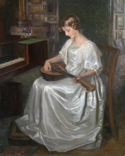Young Mandoline player in a Danish interior - Brita Barnekow (1868-1936)