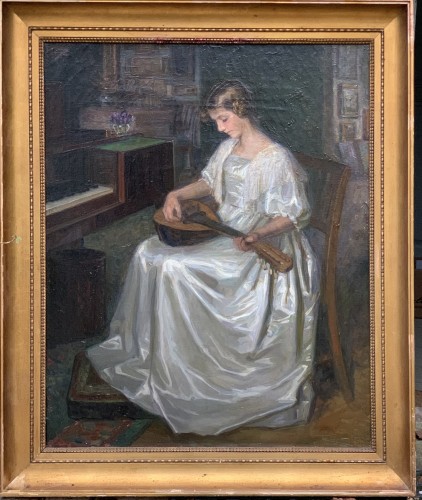 20th century - Young Mandoline player in a Danish interior - Brita Barnekow (1868-1936)