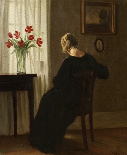 Alfred Broge  (1870-1955) - Rêveuse à sa fenêtre dans un intérieur danois