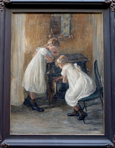Petites filles dans un intérieur - Bodil Rohweder vers 1910 - Tableaux et dessins Style Restauration - Charles X