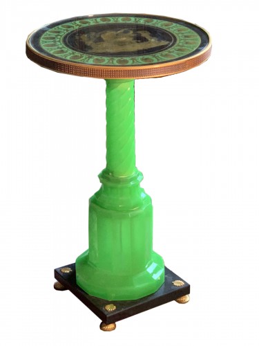 Pedestal table in green Opaline, Top eglomisé, Bohemia, 19th cent. -