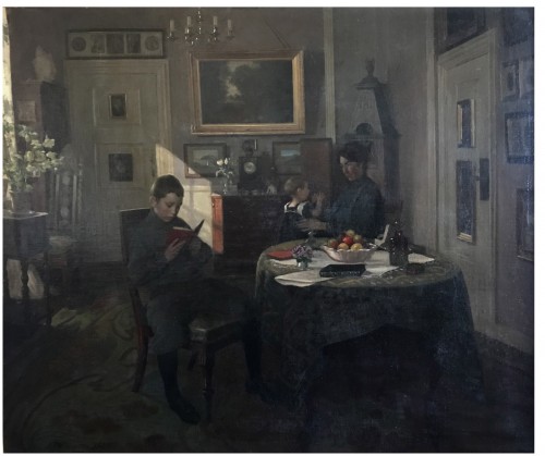 Valdemar Kornrup (1865-1924)  - Jeune Lecteur dans un Intérieur en Famille