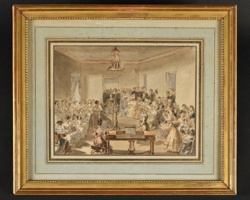 Le salon de musique - Dessin à la plume et aquarelle  dans le goût de Constantin Guys ou Eugène Lami - Tableaux et dessins Style Restauration - Charles X