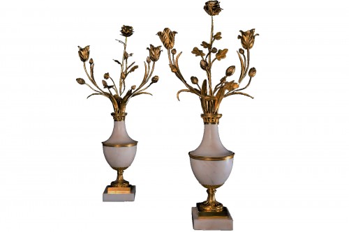 Pair of candelabras with bouquets - 19th century