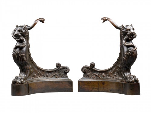 Pair of andirons with lionesses 