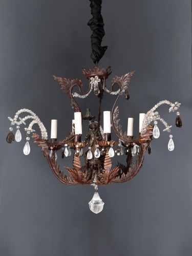 Lustre en cristal de roche à six bras de lumière et motifs sinisants - Luminaires Style 