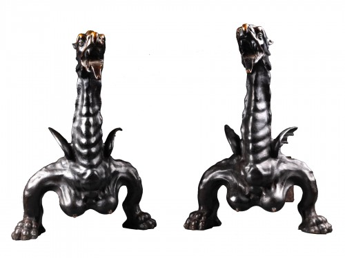 Pair Of 18th Century Italian Bronze Firedogs with dragons