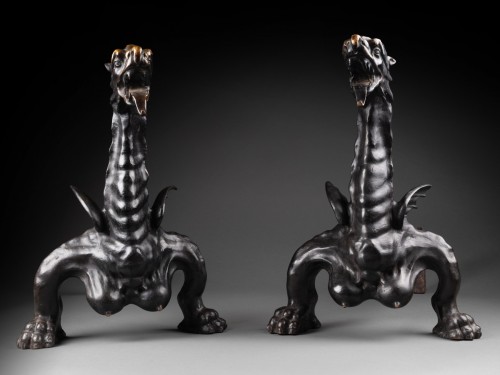Louis XVI - Pair Of Bronze Firedogs with dragons –  18th Century