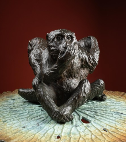 Antiquités - Okimono aux Singes de la Sagesse par Koizumi Seiya