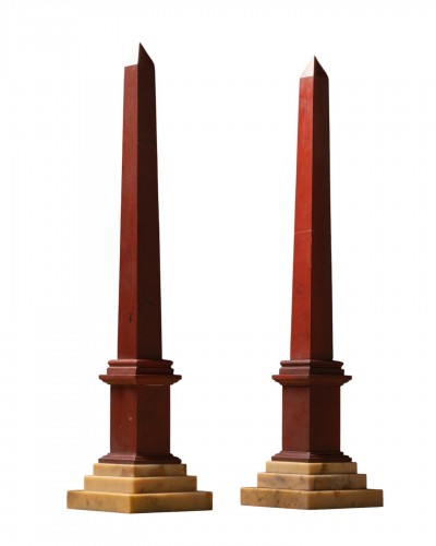 Pair of rosso and giallo antico obelisks reductions