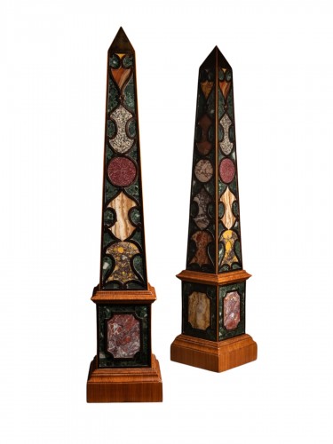 Pair of large hardstone inlaid obelisks by Renzo Mongiardino