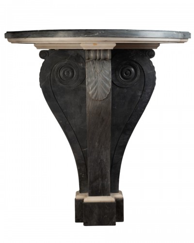 Console demi-lune à volute en marbres bleu Turquin et blanc de Carrare