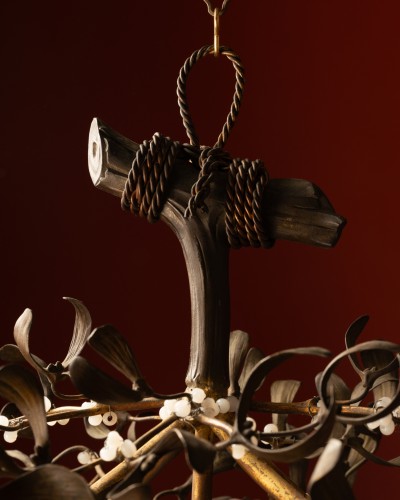 Lustre « boule de gui » en bronze et opaline - Luminaires Style Art nouveau