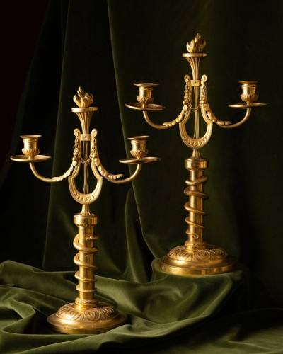 A Pair of Candlesticks with Gilt Serpents and Lyres - 